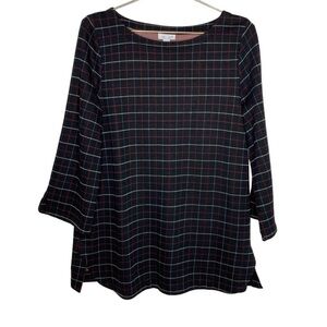 J Jill Ponte Womens Size Medium Windowpane Blouse Top Black Red Stretch Career